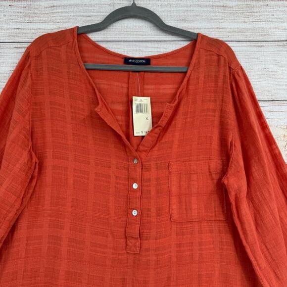 Max Edition Semi Sheer V-Neck Tunic Blouse Women's Size XL Red/Pink - Picture 3 of 15